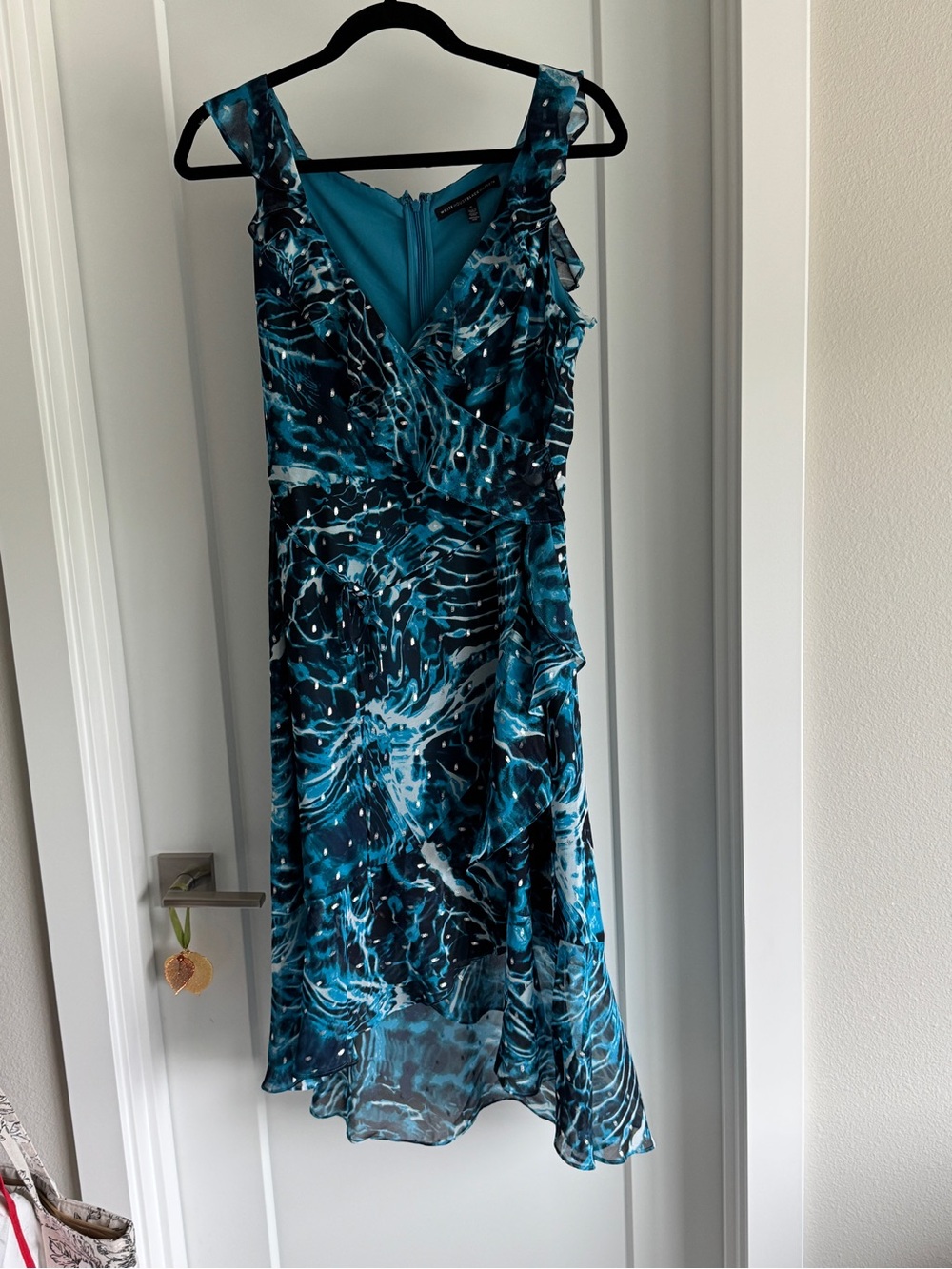 White House Black Market Teal & Navy Printed Midi Dress